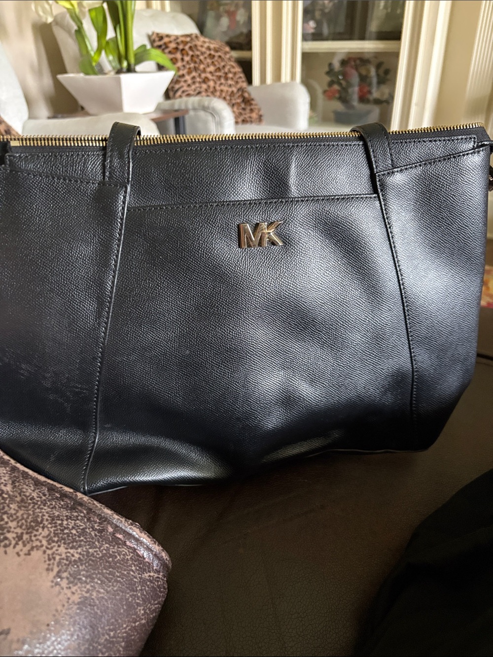 Michael Kors Black Saffiano Leather Shoulder Tote with Gold MK Accent